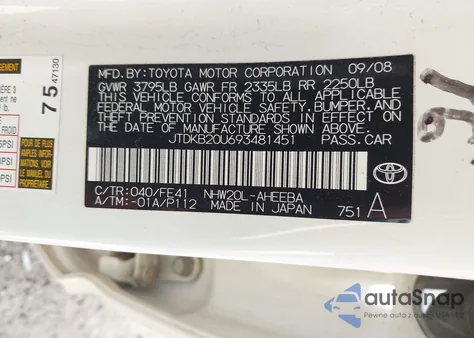 2009 Toyota Prius z USA, uszkodzony, nr VIN JTDKB20U693481451